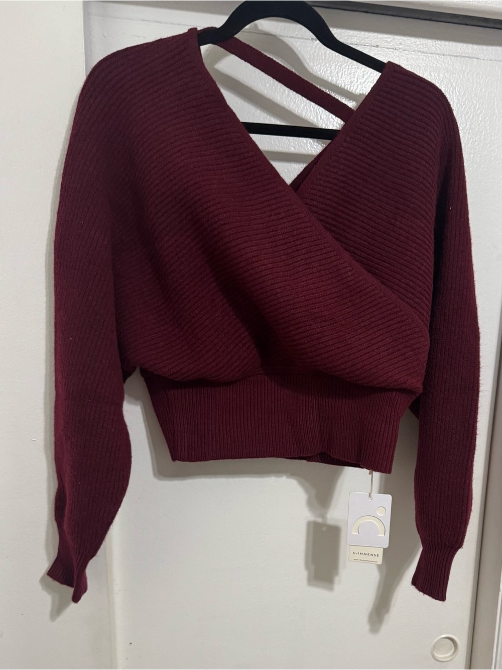 Commense Burgundy Wrap V-Neck Ribbed Sweater